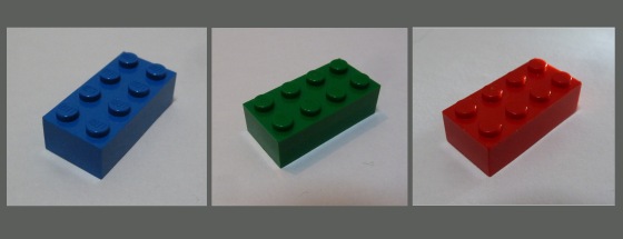 blue red and green lego bricks